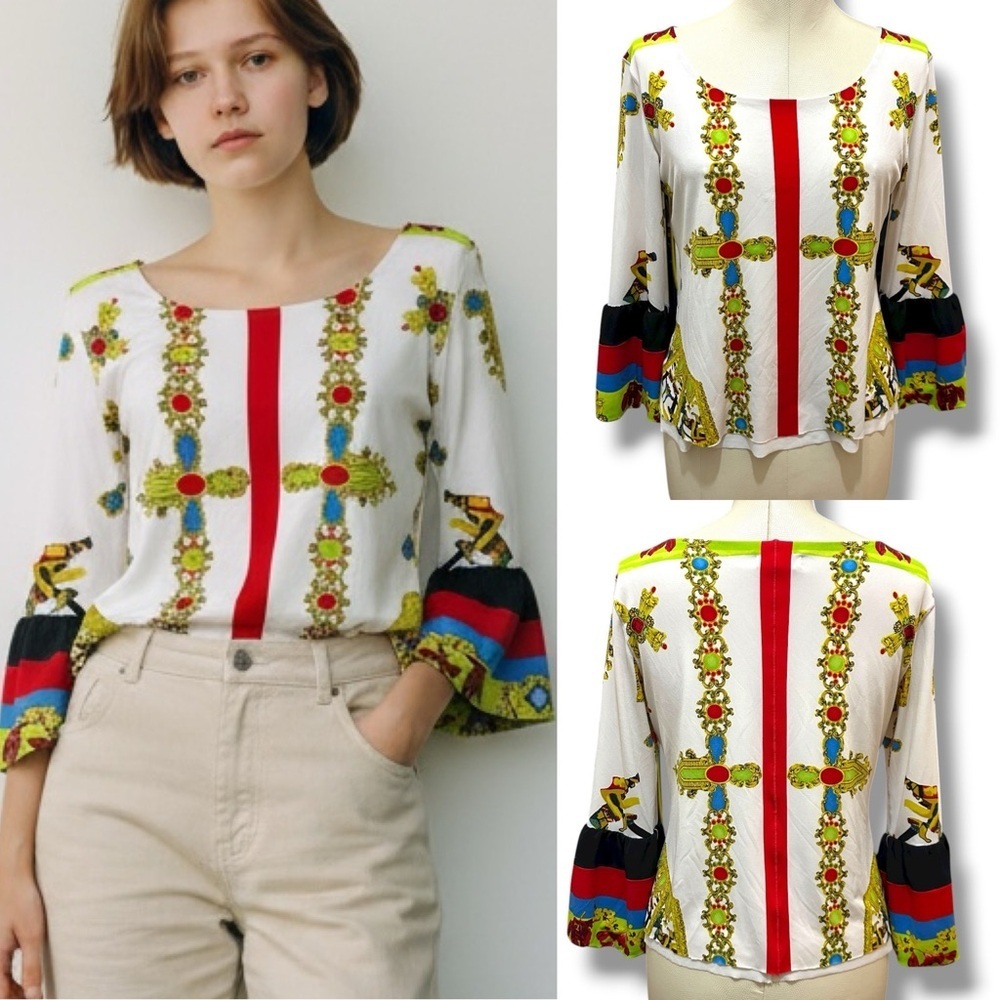 396 Eva Varro | USA NWOT $198 White Red Jewel‑Print Bell‑Sleeve Top (Size S)